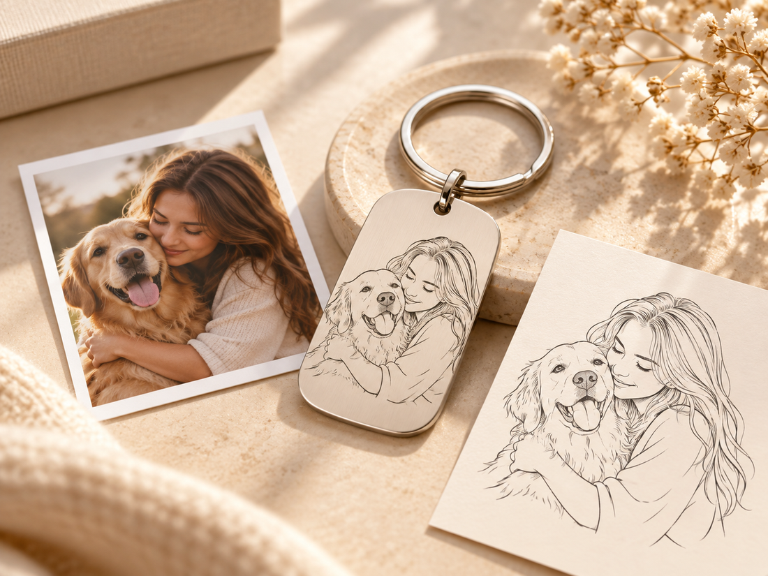 Foto, Line-Art-Zeichnung und personalisierter Schlüsselanhänger mit Gravur
