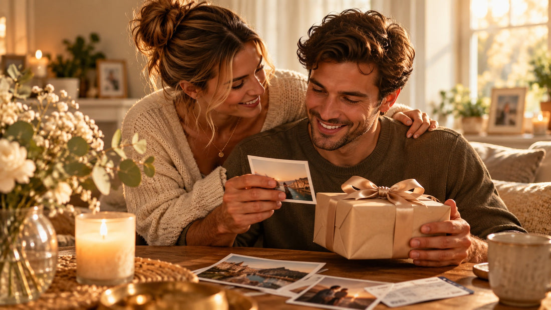 Paar öffnet ein persönliches Geschenk und schaut gemeinsame Erinnerungsfotos an