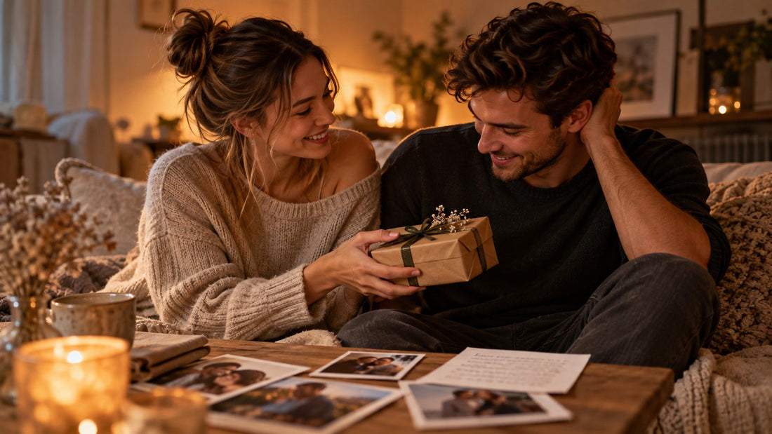 Paar bei einer persönlichen Geschenkübergabe mit gemeinsamen Fotos