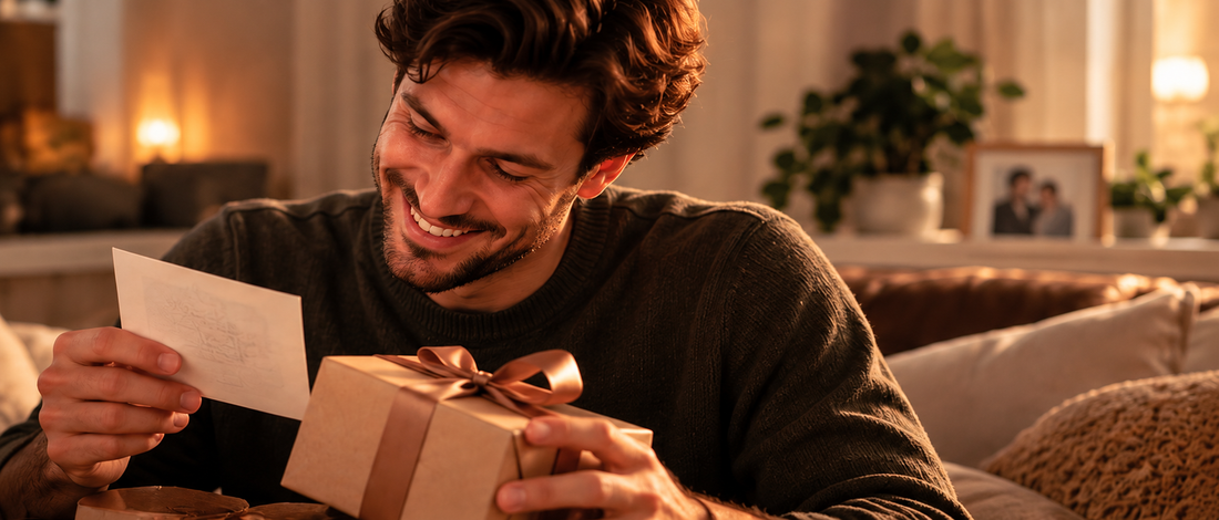 Mann öffnet zuhause ein persönliches Geschenk und betrachtet eine Karte