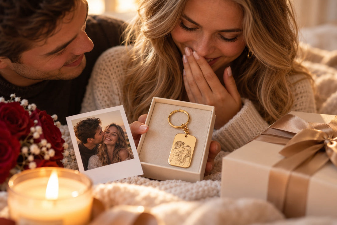 Paar bei einem persönlichen Geschenk mit gemeinsamem Foto