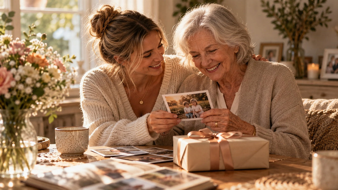 Oma und erwachsene Enkelin schauen gemeinsam alte Familienfotos an