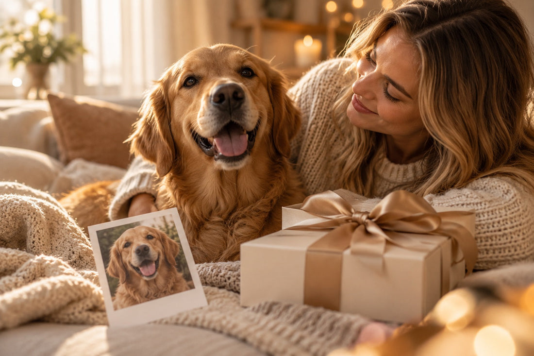 Hundebesitzerin mit Golden Retriever, Hundefoto und Geschenkbox
