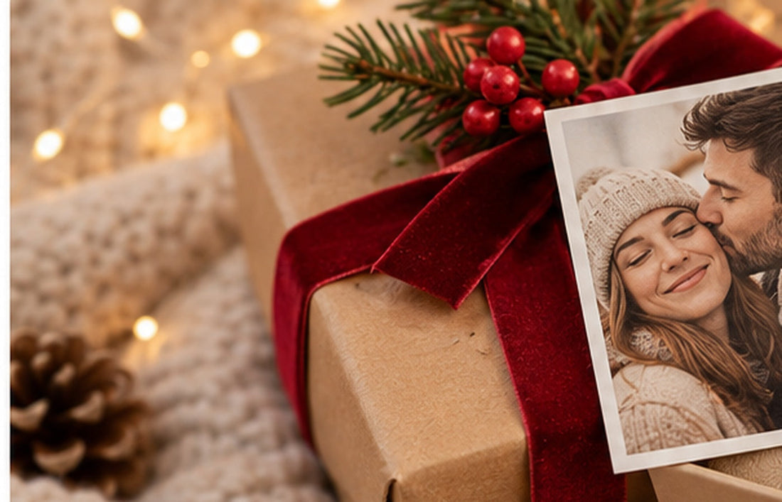 Persönliches Weihnachtsgeschenk mit Foto und festlich verpackter Geschenkbox