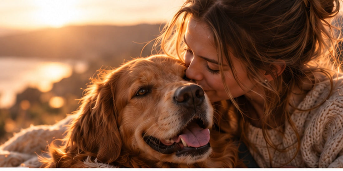 Hundebesitzerin mit Golden Retriever im warmen Abendlicht